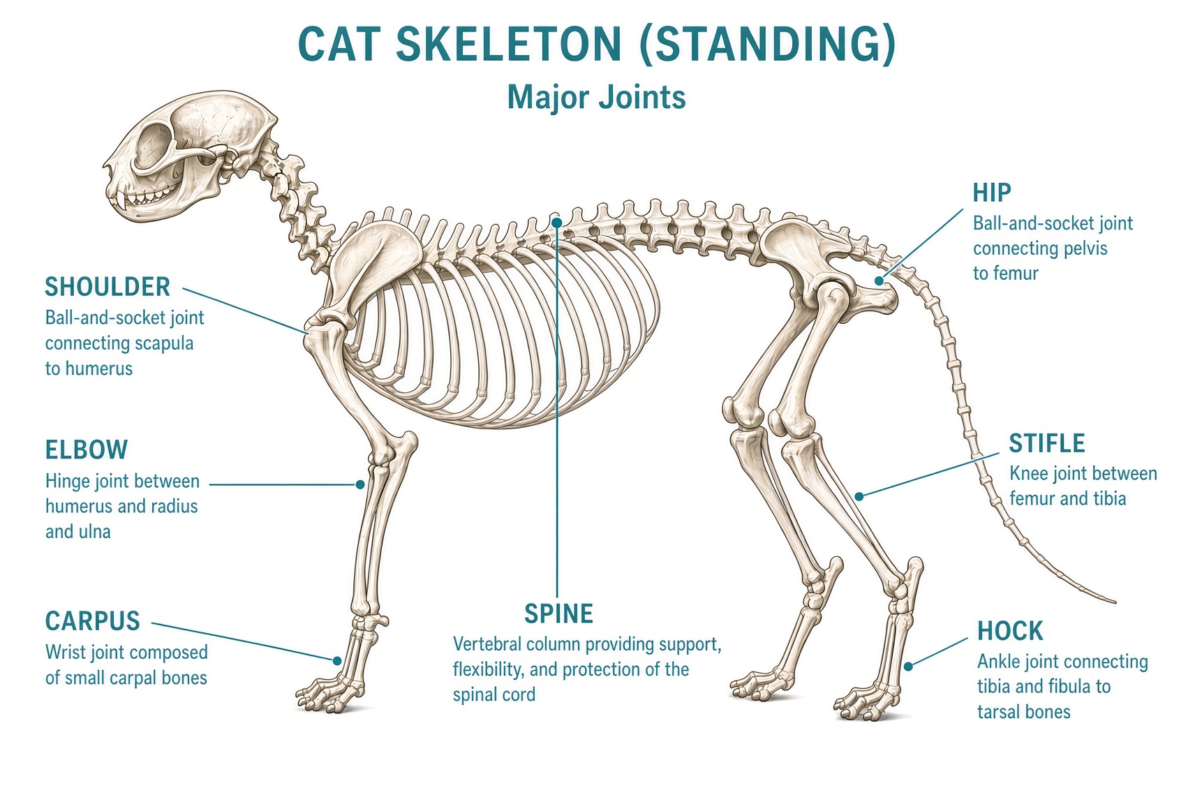 Cat skeleton labeled: shoulder, elbow, carpus, spine, hip, stifle, hock